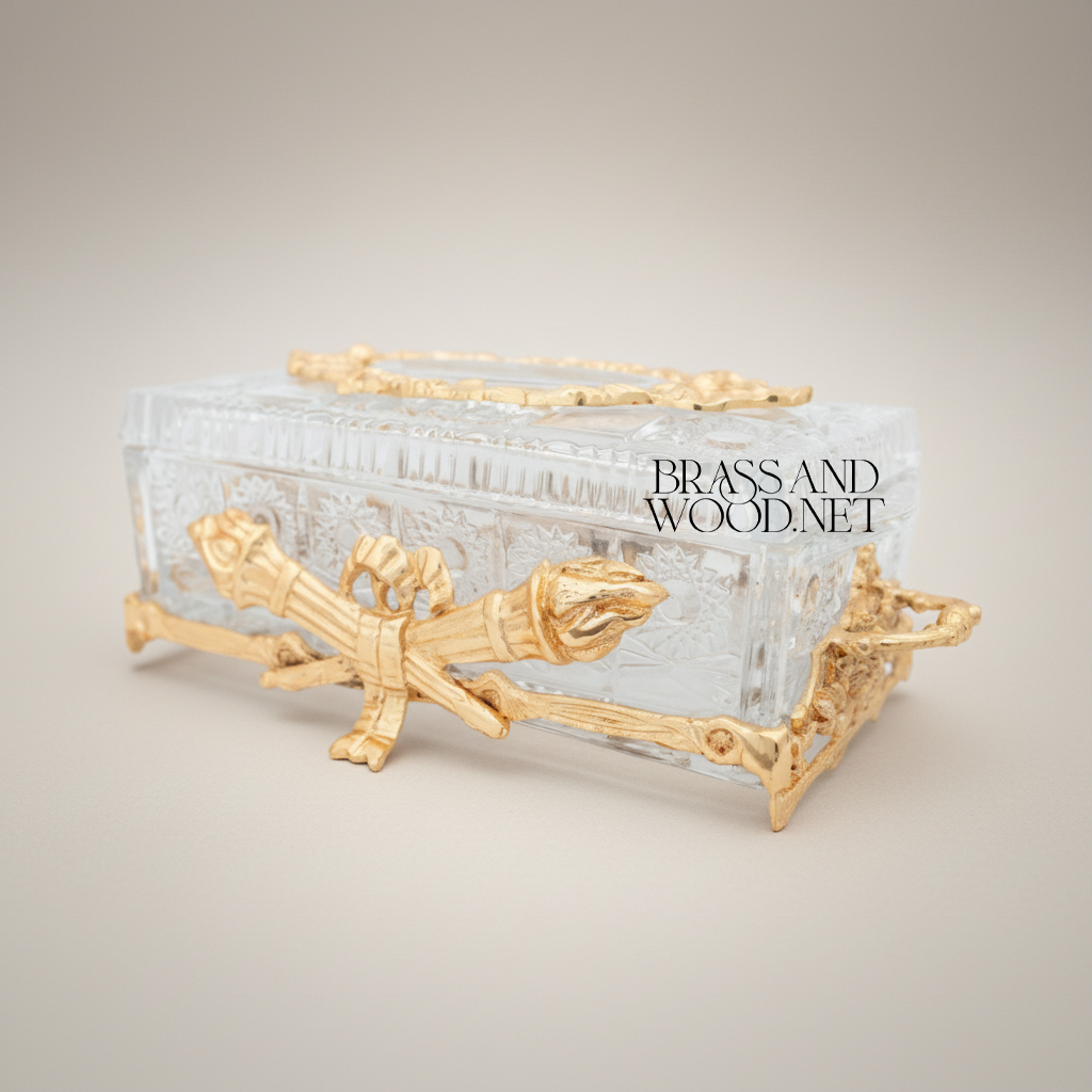 Neoclassical Crystal Tissue Box with Crossed Torch Appliqués — Gold