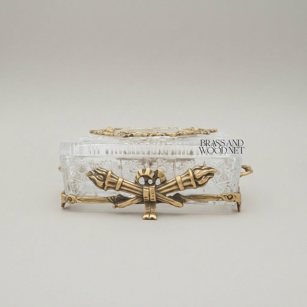 Neoclassical Crystal Tissue Box with Crossed Torch Appliqués — Antique Gold
