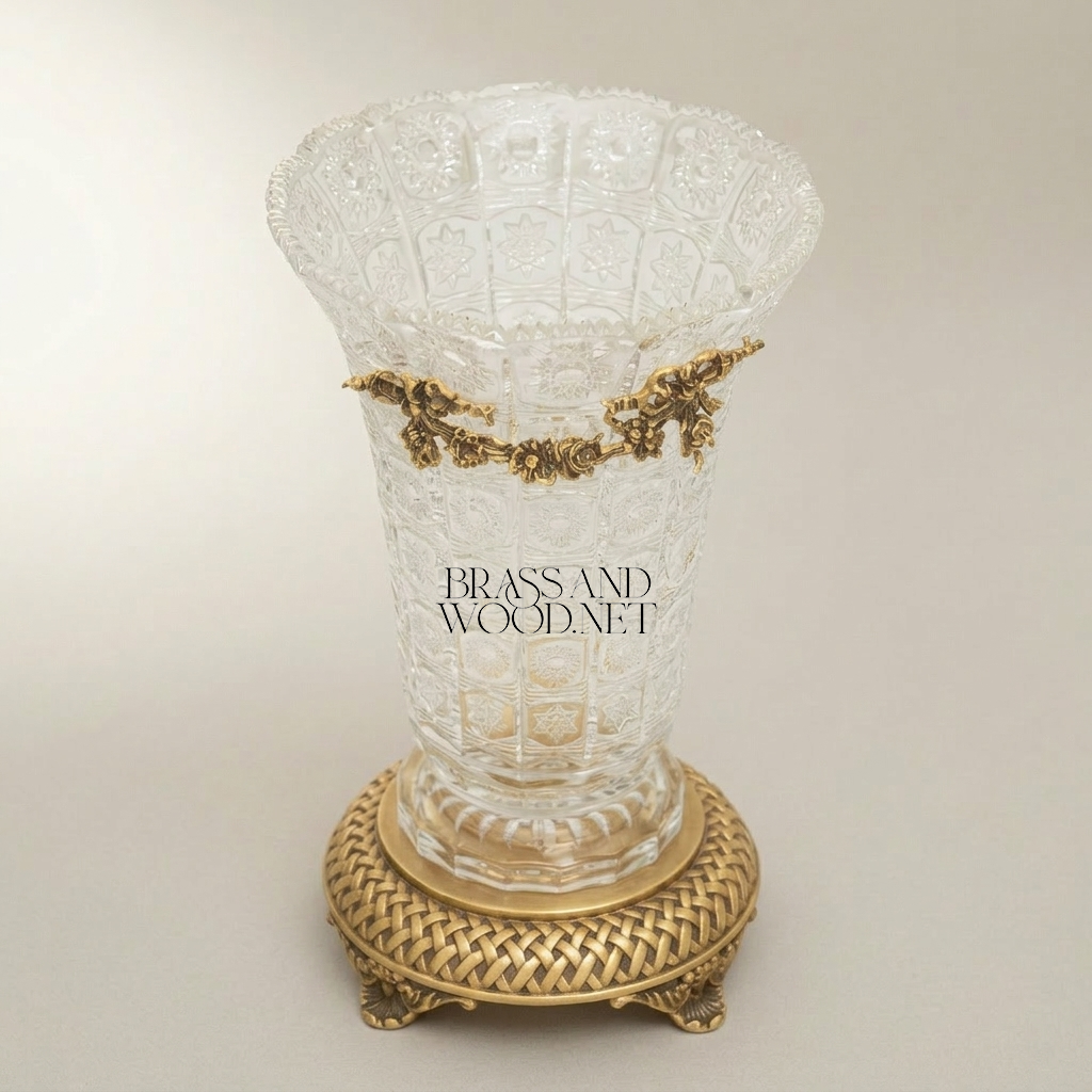 Rococo Cut-Crystal Trumpet Vase with Floral Brass Garland & Lattice Base — Antique Gold