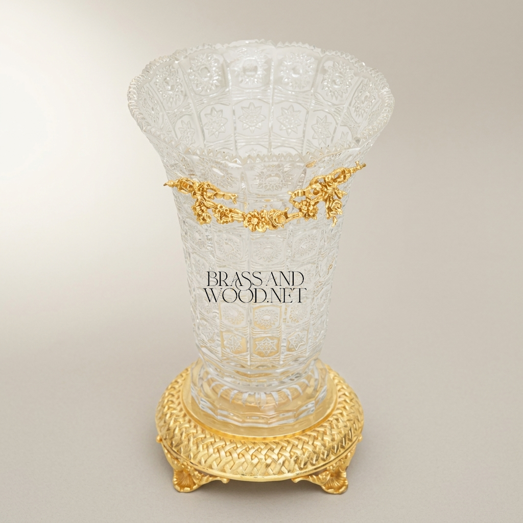 Rococo Cut-Crystal Trumpet Vase with Floral Brass Garland & Lattice Base