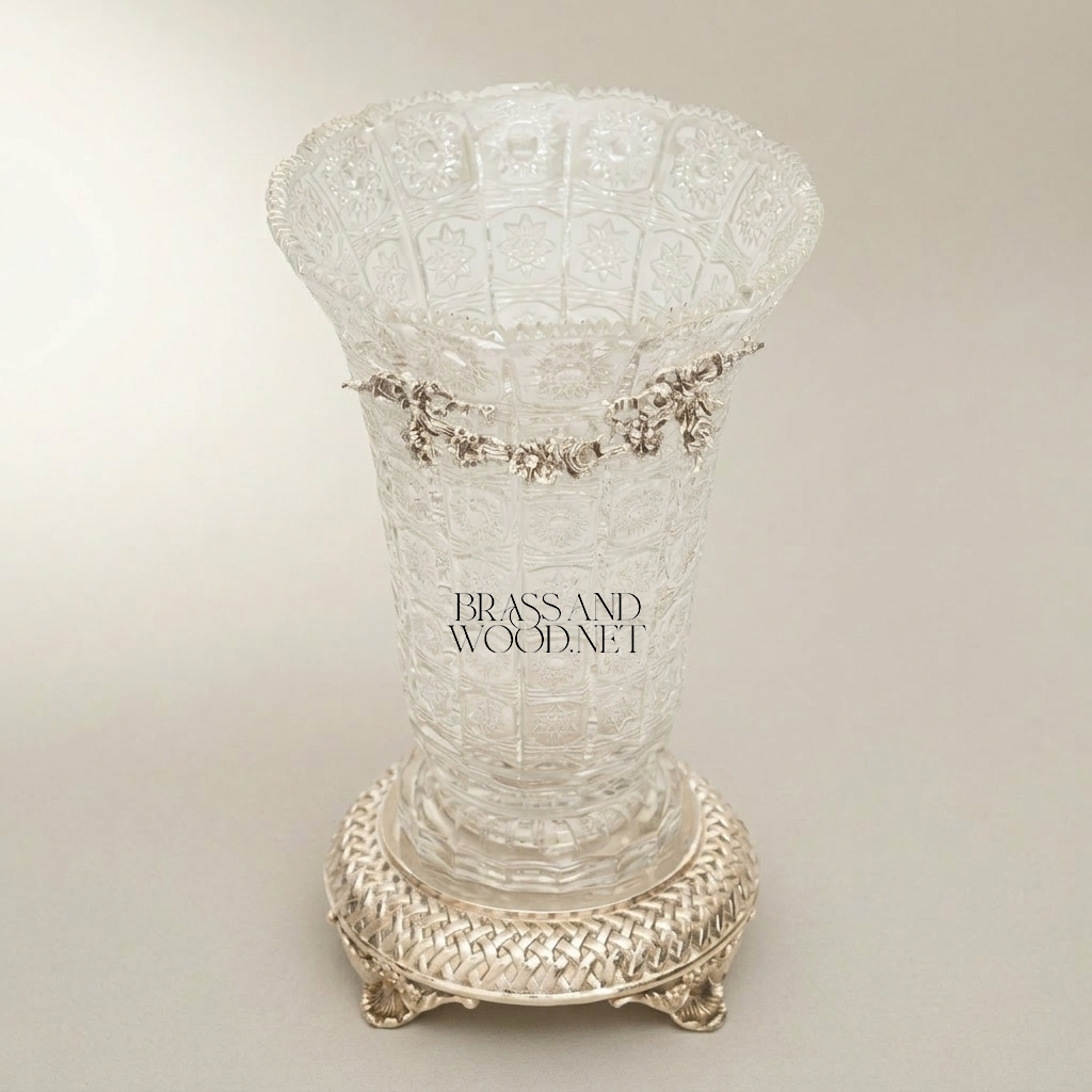 Rococo Cut-Crystal Trumpet Vase with Floral Brass Garland & Lattice Base — Silver