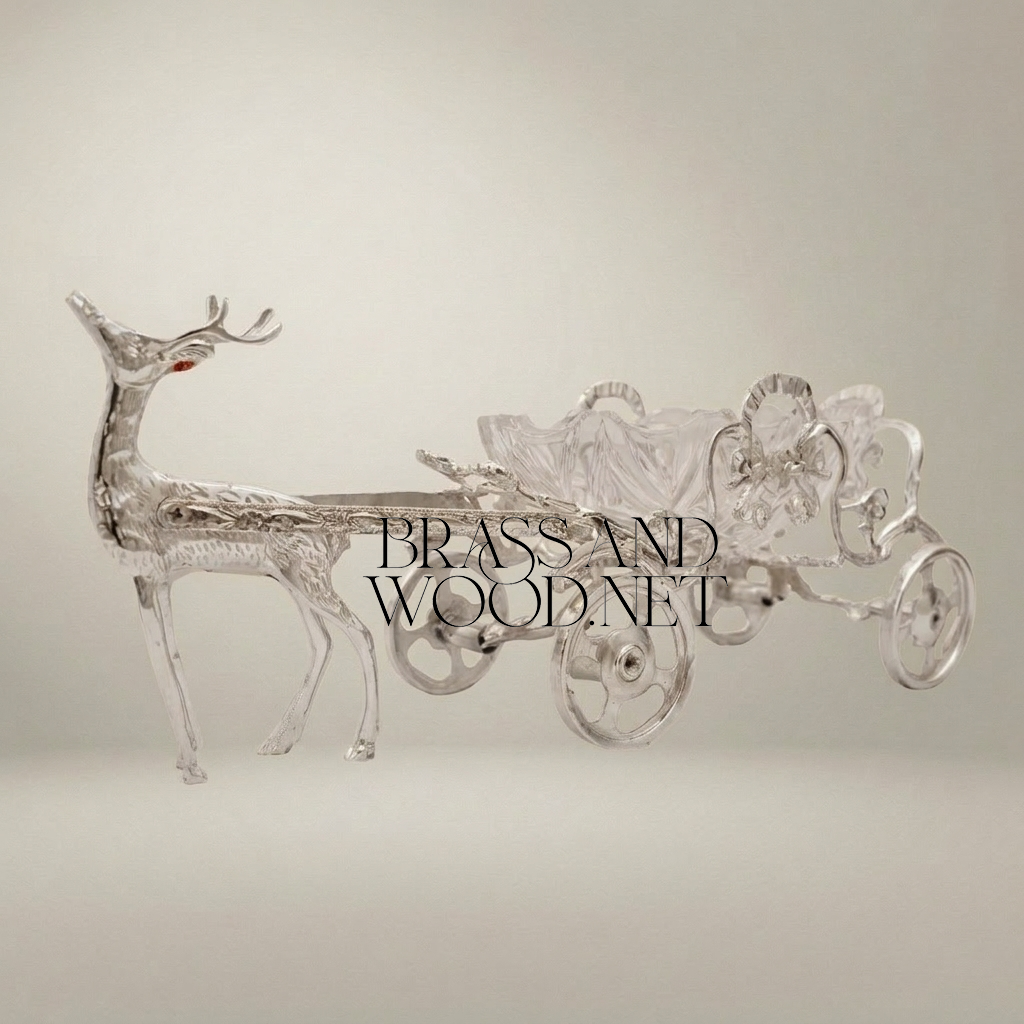 Brass & Crystal Deer ashtray  Decorative Figurine - Ornate Scrollwork Carriage — Silver