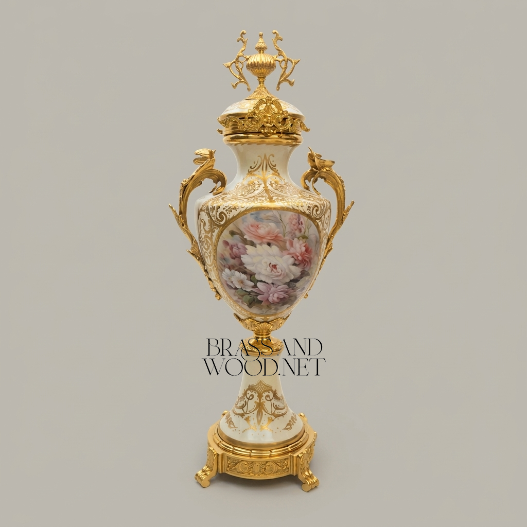Rococo Porcelain Lidded Urn Vase with Ormolu Mounts & Hand-Painted Floral Medallion