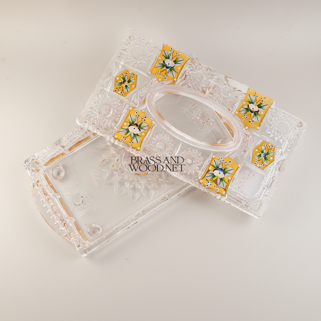 Hand-Painted Enamel Crystal Tissue Box - Gold Floral Medallion Cut-Glass