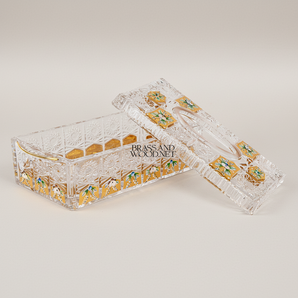 Hand-Painted Enamel Crystal Tissue Box - Gold Floral Medallion Cut-Glass