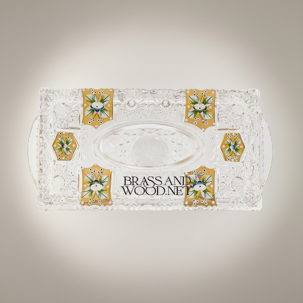 Hand-Painted Enamel Crystal Tissue Box - Gold Floral Medallion Cut-Glass