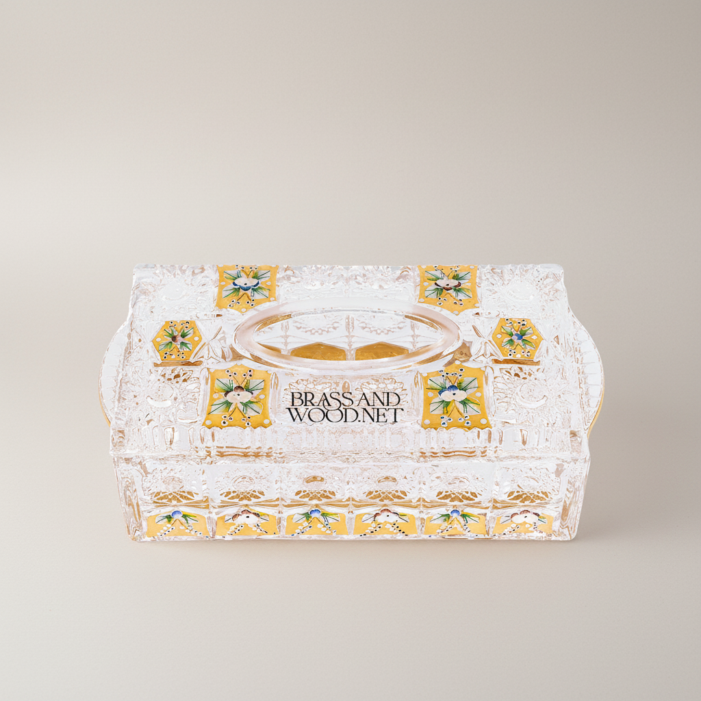 Hand-Painted Enamel Crystal Tissue Box - Gold Floral Medallion Cut-Glass