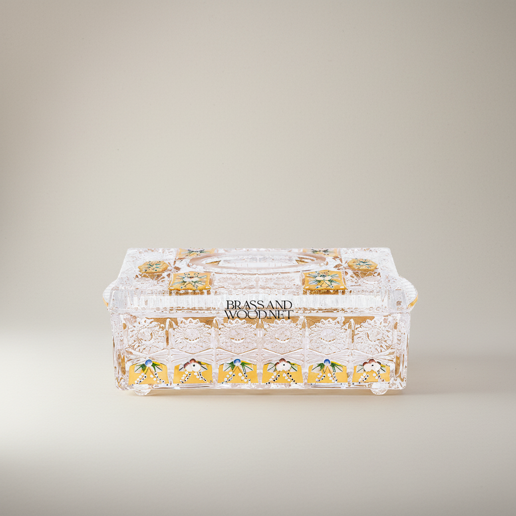 Hand-Painted Enamel Crystal Tissue Box - Gold Floral Medallion Cut-Glass