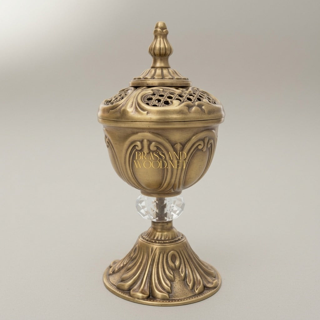 Rococo Brass Incense Burner with Crystal Stem and Pierced Lid — Antique Gold