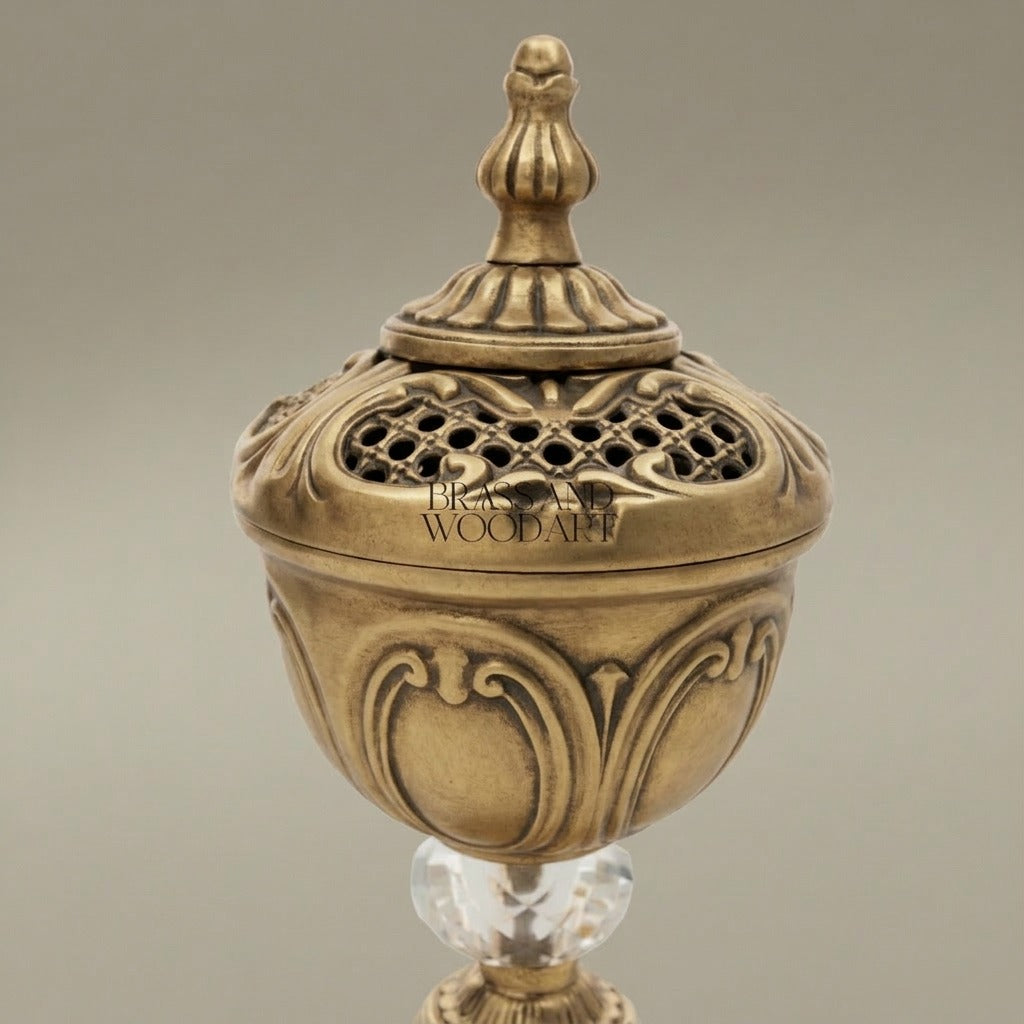 Rococo Brass Incense Burner with Crystal Stem and Pierced Lid — Antique Gold