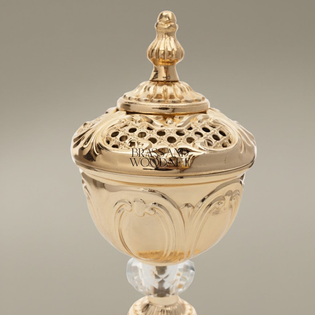 Rococo Brass Incense Burner with Crystal Stem and Pierced Lid — Gold