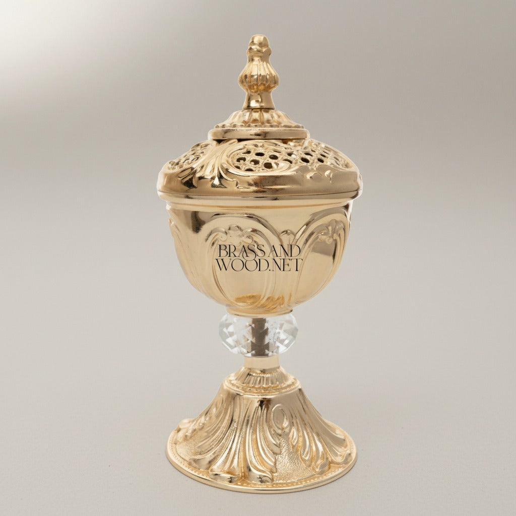 Rococo Brass Incense Burner with Crystal Stem and Pierced Lid — Gold