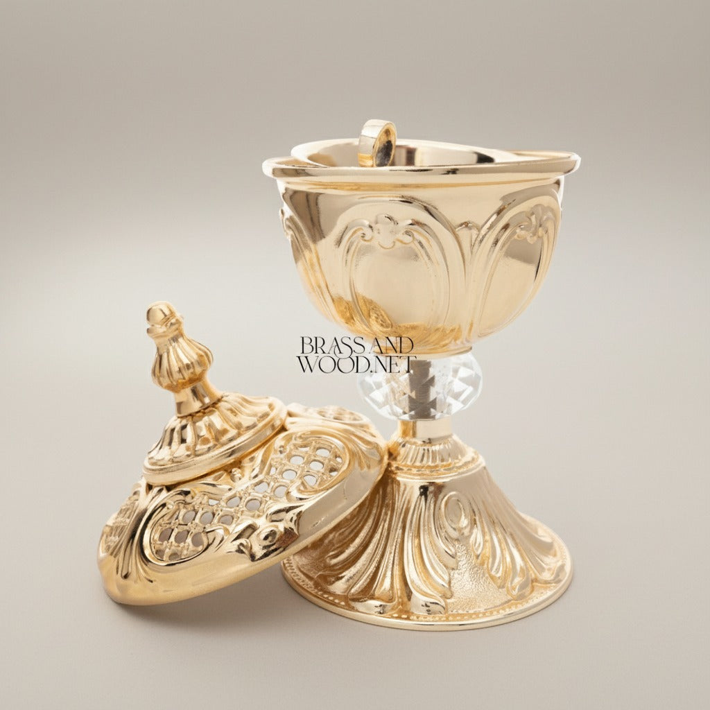 Rococo Brass Incense Burner with Crystal Stem and Pierced Lid — Gold
