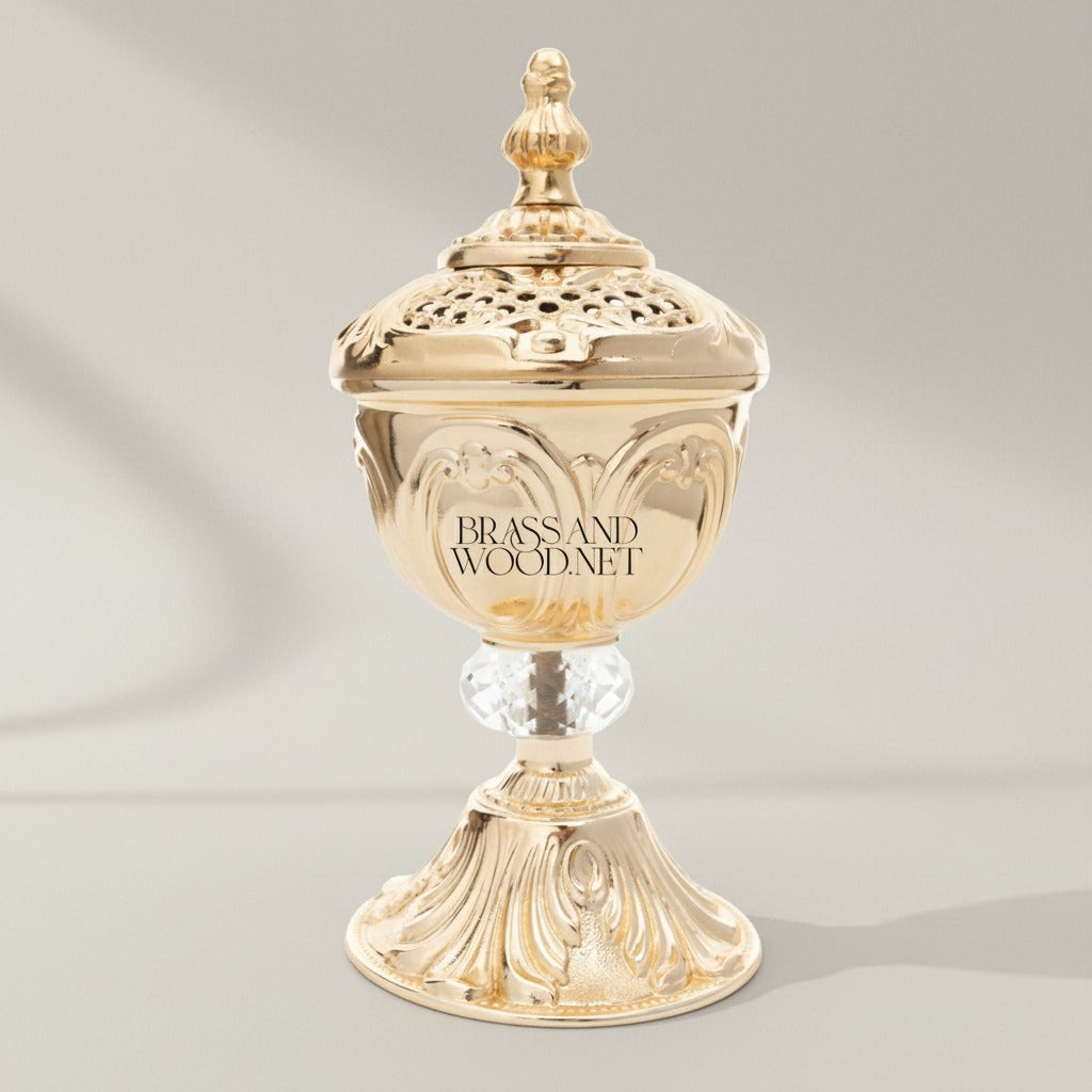 Rococo Brass Incense Burner with Crystal Stem and Pierced Lid — Gold