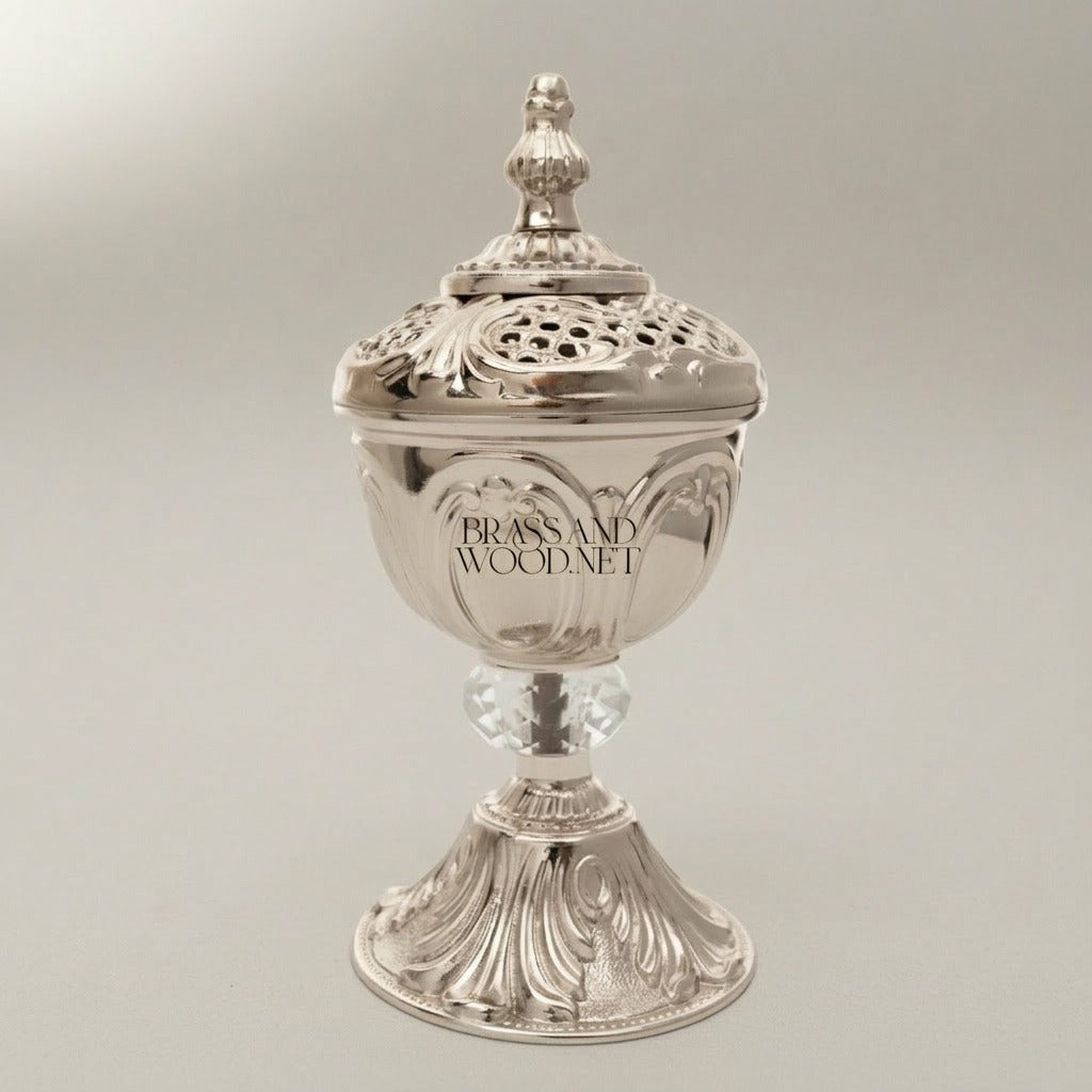 Rococo Brass Incense Burner with Crystal Stem and Pierced Lid — Silver