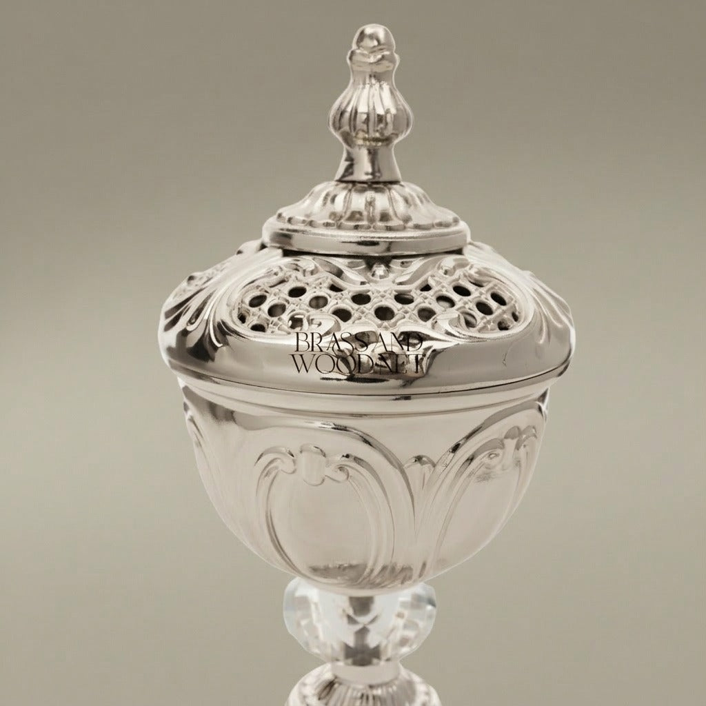 Rococo Brass Incense Burner with Crystal Stem and Pierced Lid — Silver