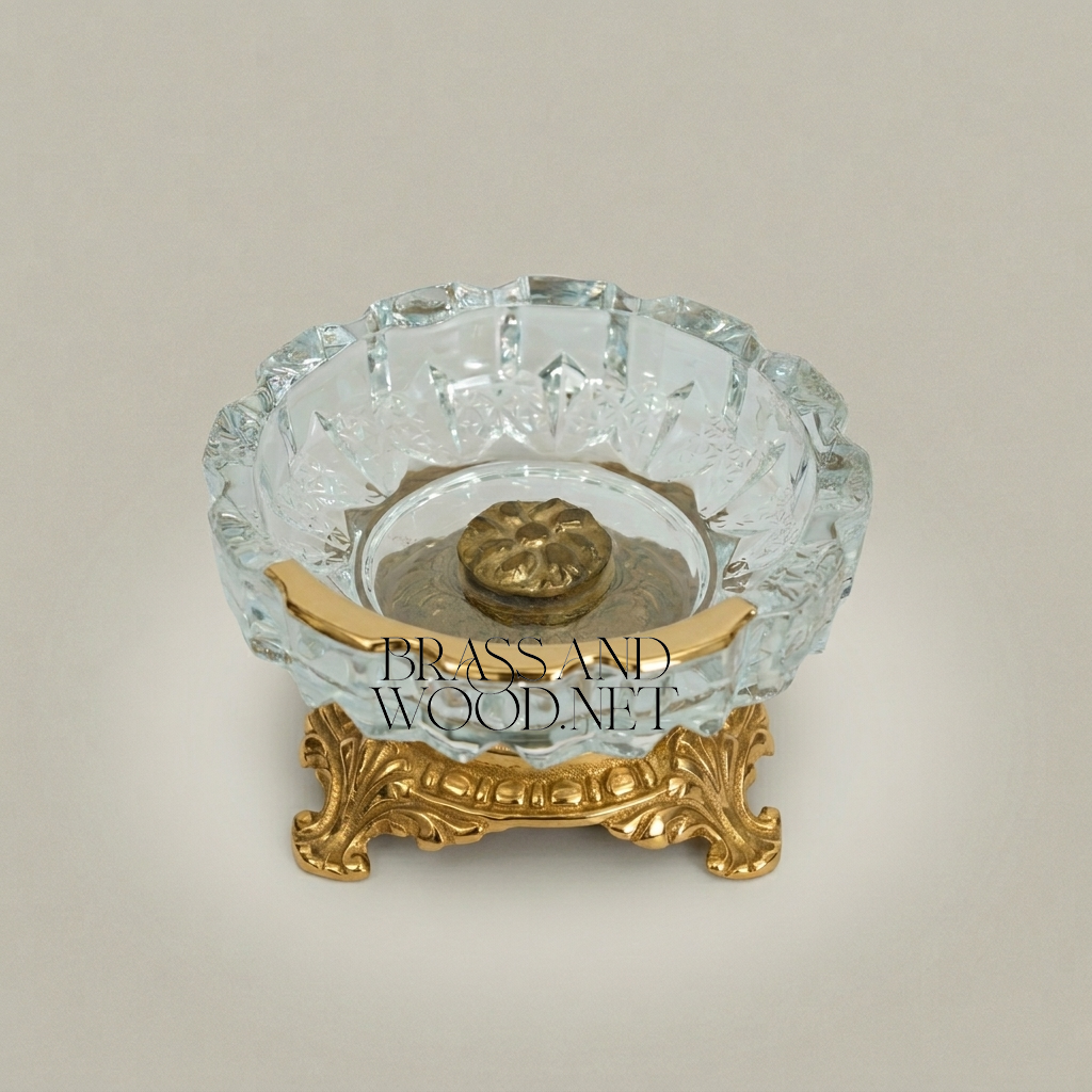 Rococo Faceted Crystal Ashtray on Scrolled Brass Pedestal