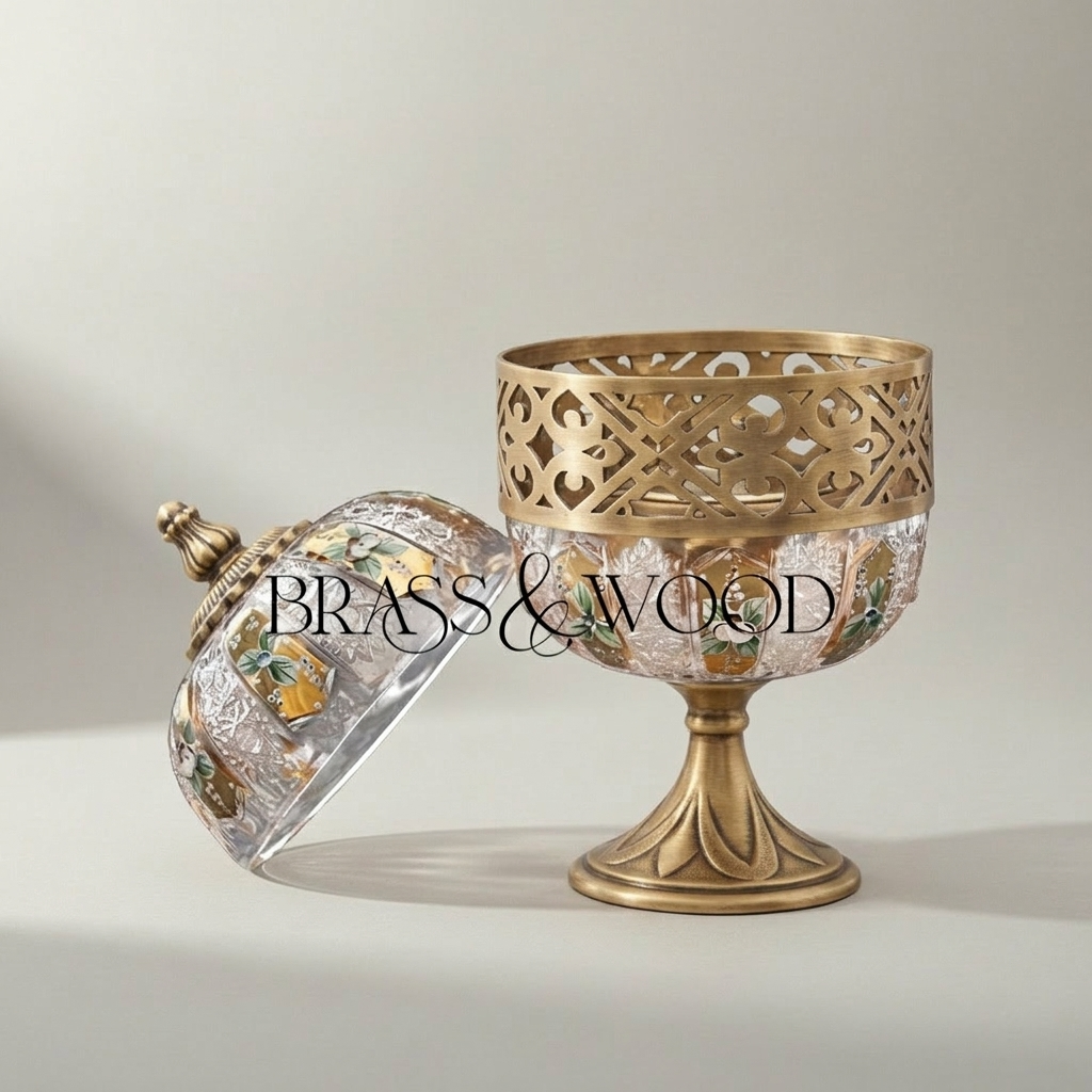 Arabesque Lattice Crystal & Brass Globe Incense Burner with Finial Lid — Antique Gold