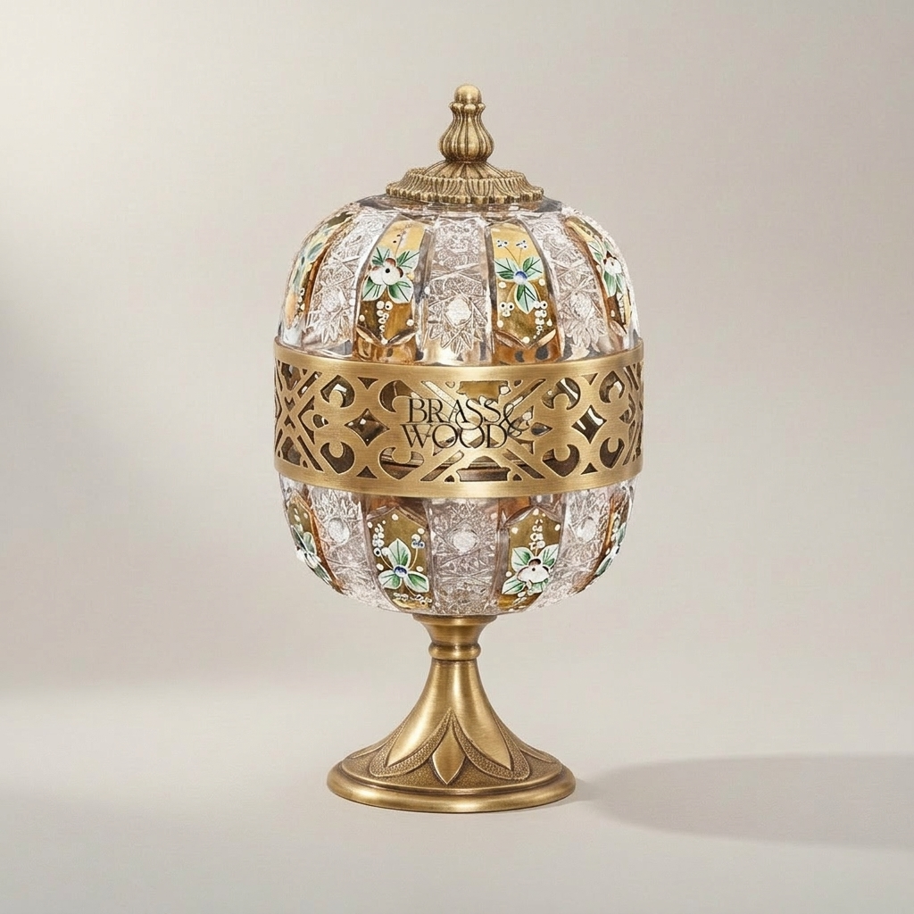 Arabesque Lattice Crystal & Brass Globe Incense Burner with Finial Lid — Antique Gold