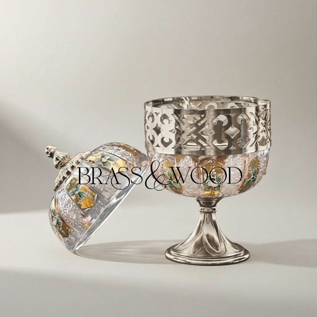 Arabesque Lattice Crystal & Brass Globe Incense Burner with Finial Lid — Silver