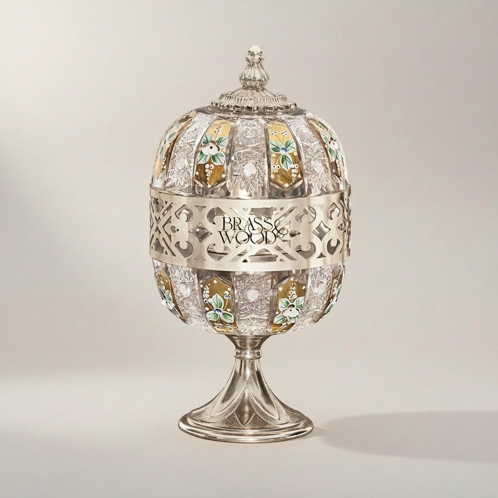 Arabesque Lattice Crystal & Brass Globe Incense Burner with Finial Lid — Silver