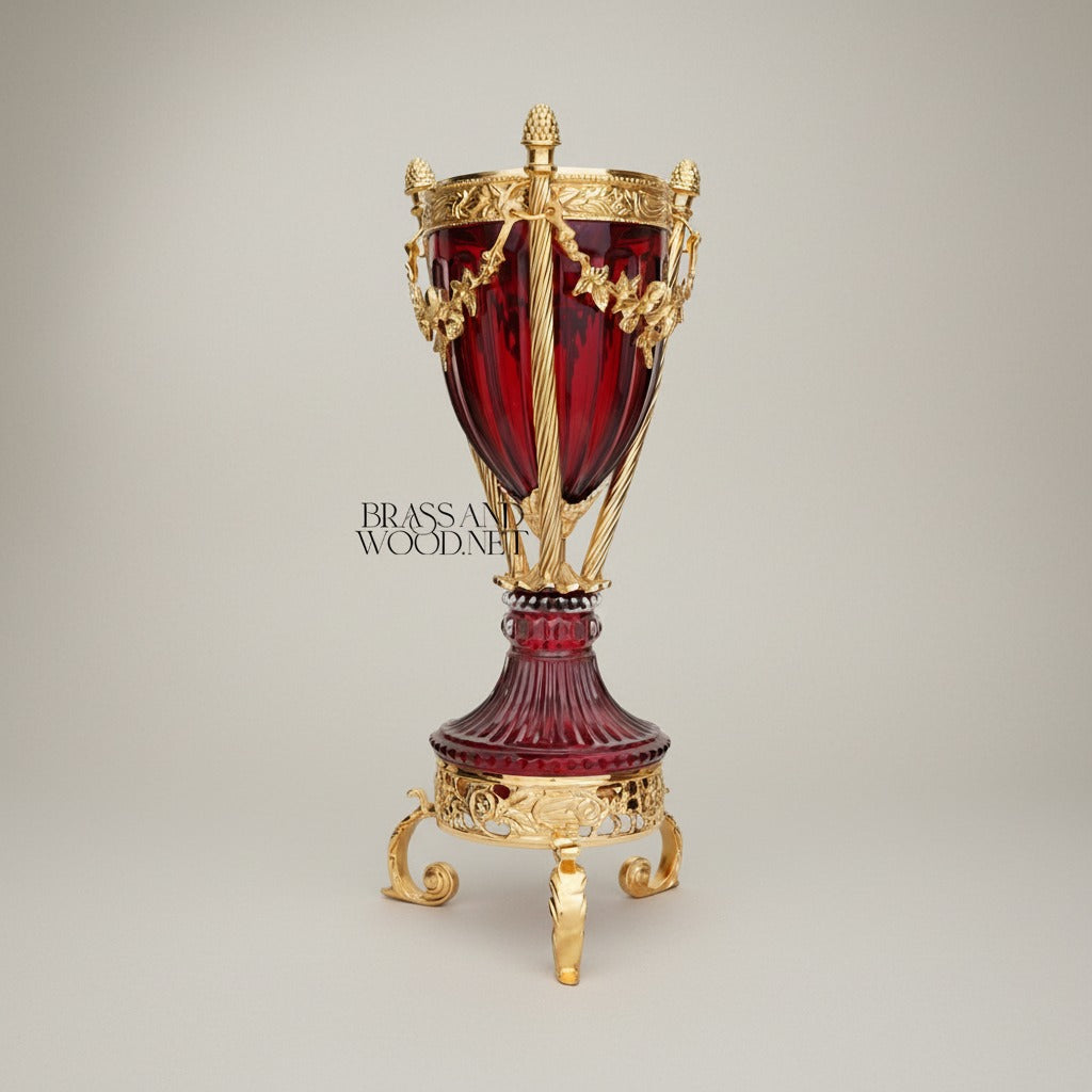 Neoclassical Ruby Glass Urn Incense Burner with Gilt Brass Mounts & Pinecone Finials — Gold