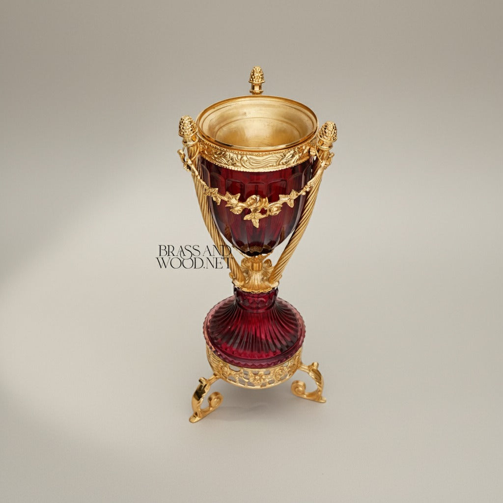 Neoclassical Ruby Glass Urn Incense Burner with Gilt Brass Mounts & Pinecone Finials — Gold