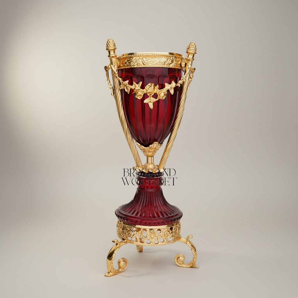 Neoclassical Ruby Glass Urn Incense Burner with Gilt Brass Mounts & Pinecone Finials — Gold