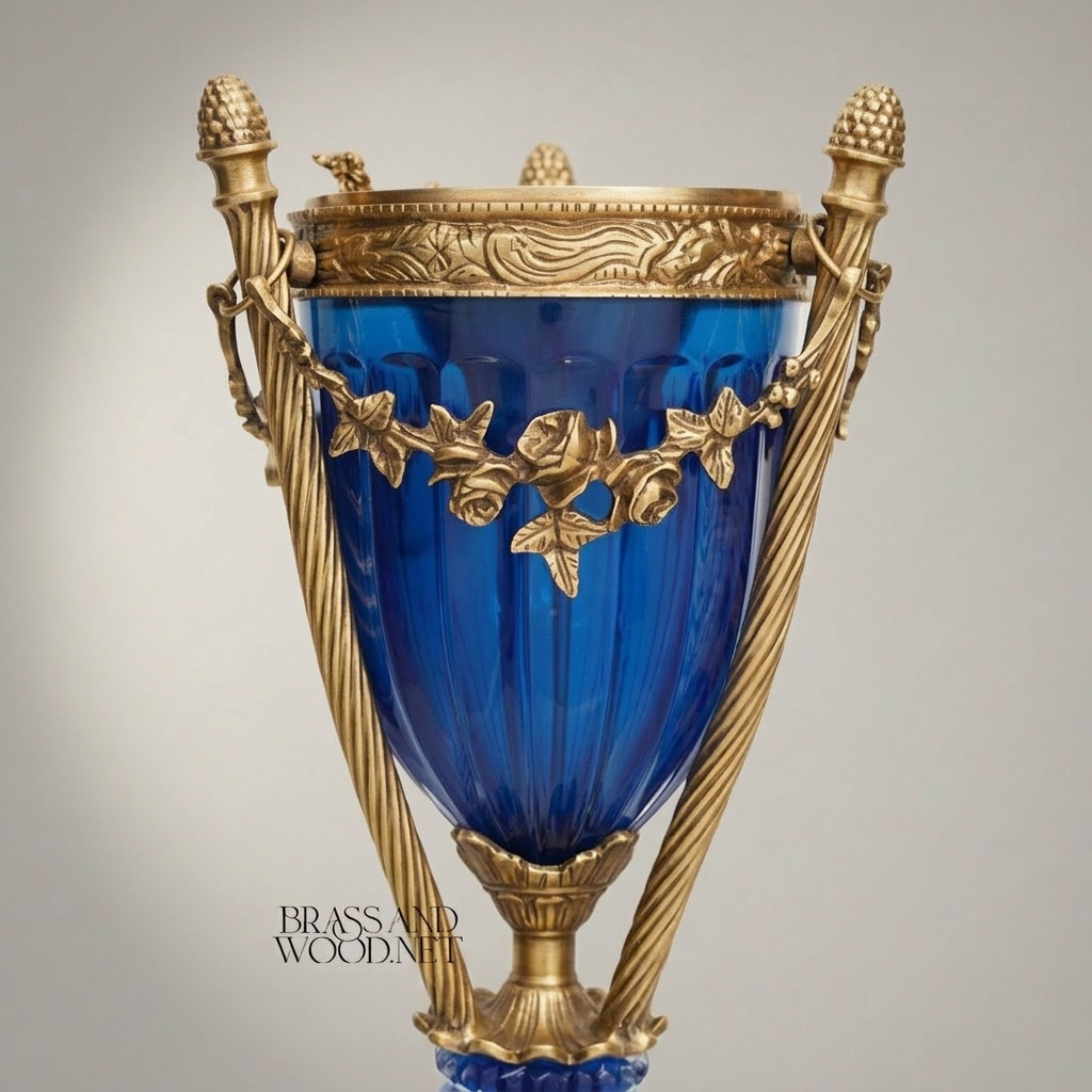 Neoclassical Cobalt Crystal Incense Burner with Foliate Brass Mounts & Tripod Stand — Antique Gold