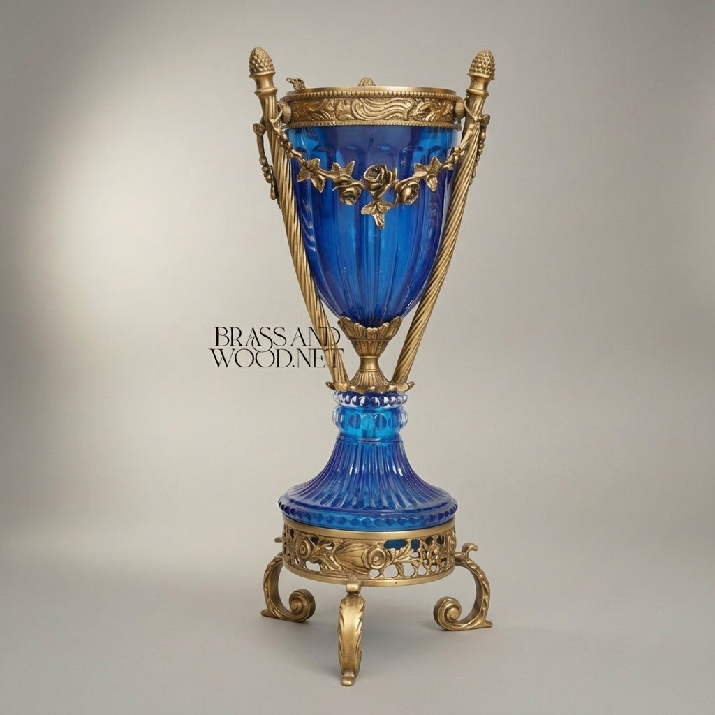 Neoclassical Cobalt Crystal Incense Burner with Foliate Brass Mounts & Tripod Stand