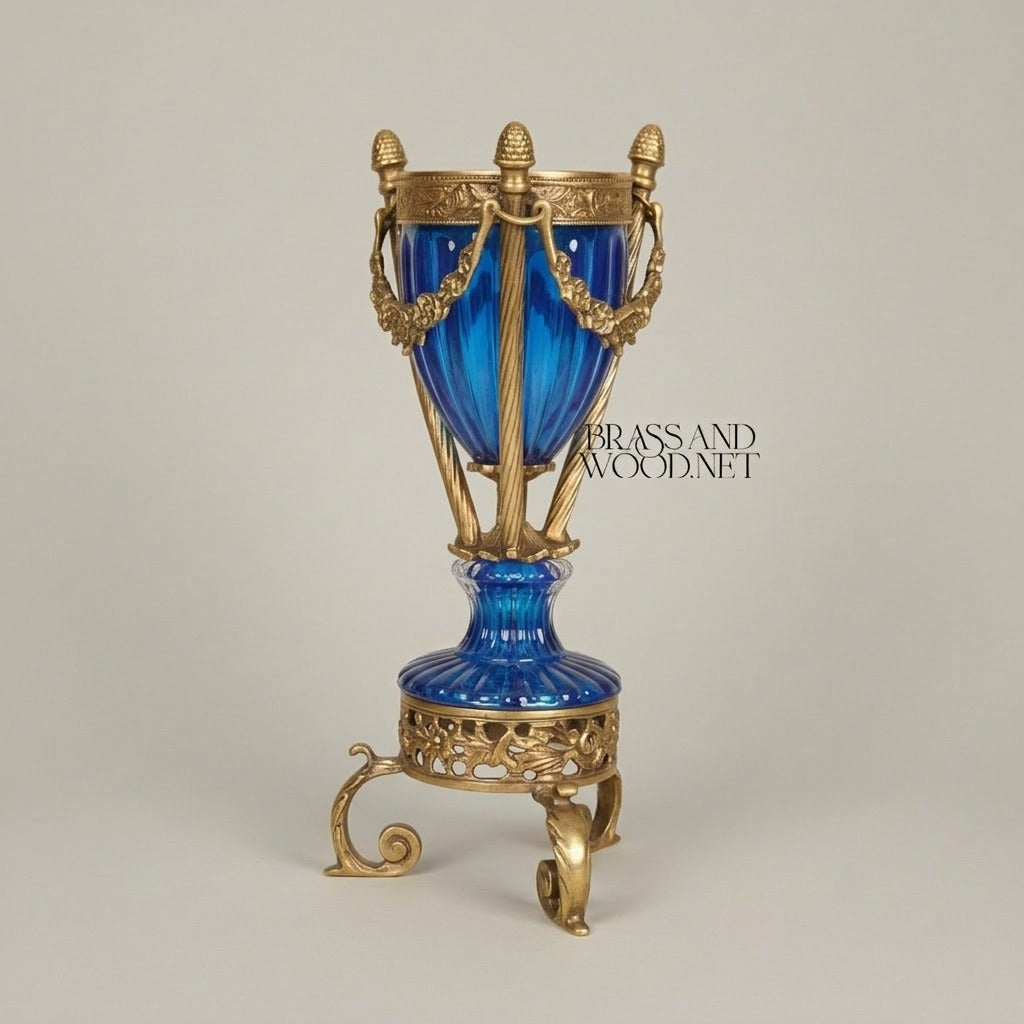 Neoclassical Crystal Incense Burner with Ormolu Stand - Fluted Urn with Pinecone Finials — Antique Gold