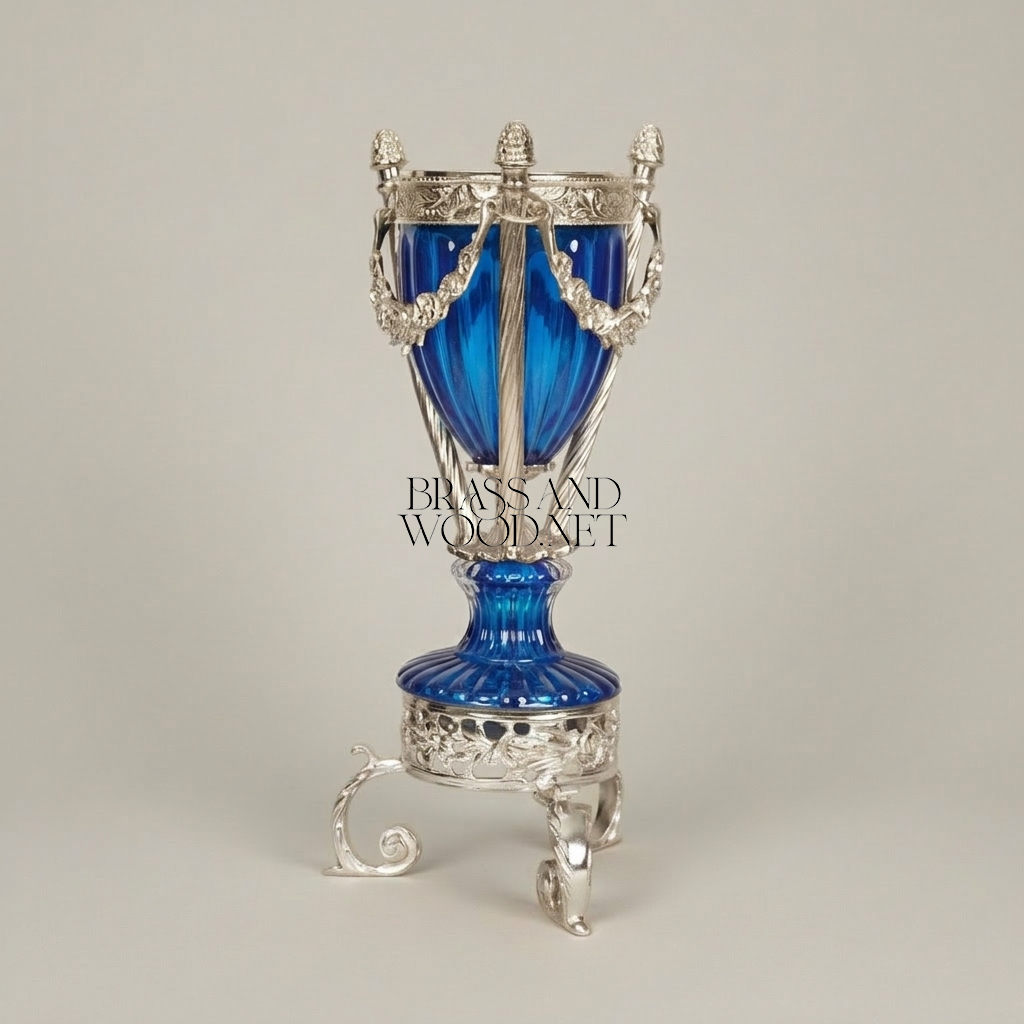 Neoclassical Crystal Incense Burner with Ormolu Stand - Fluted Urn with Pinecone Finials — Silver