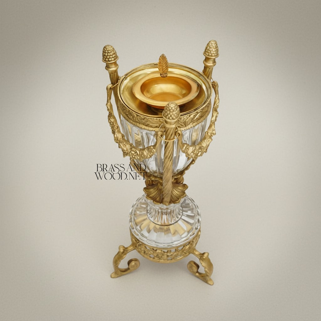 Classical Crystal & Brass Incense Burner - Fluted Urn with Ornate Stand — Antique Gold
