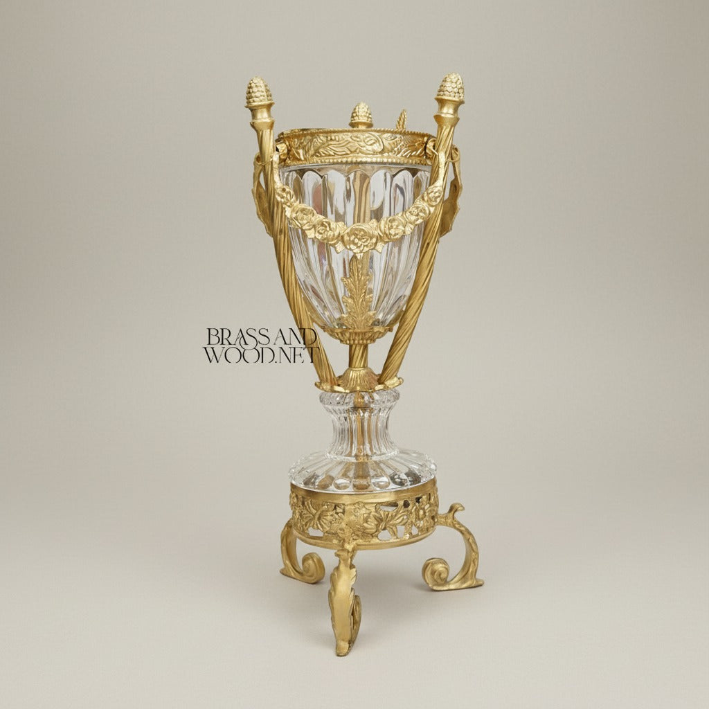 Classical Crystal & Brass Incense Burner - Fluted Urn with Ornate Stand — Antique Gold