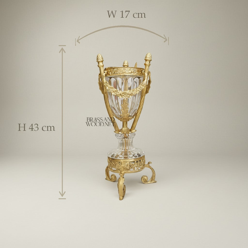 Classical Crystal & Brass Incense Burner - Fluted Urn with Ornate Stand — Antique Gold
