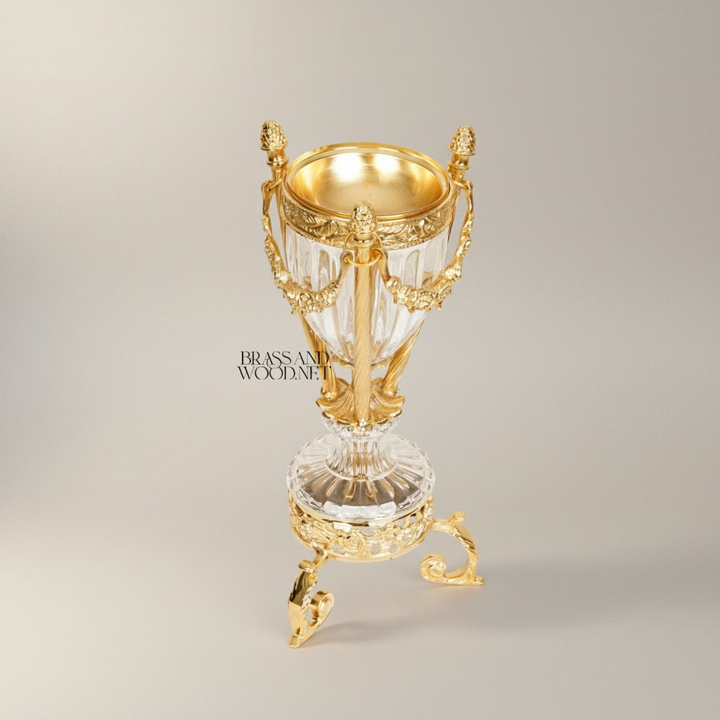 Classical Crystal & Brass Incense Burner - Fluted Urn with Ornate Stand — Gold