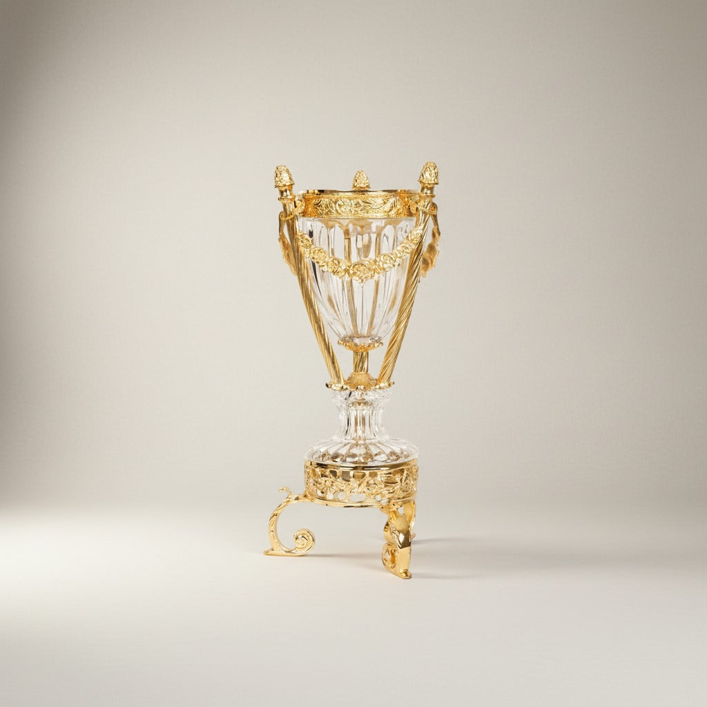 Classical Crystal & Brass Incense Burner - Fluted Urn with Ornate Stand — Gold