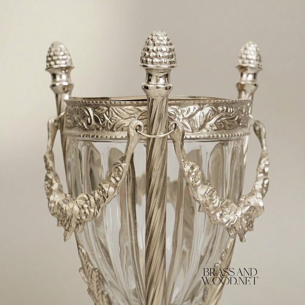 Classical Crystal & Brass Incense Burner - Fluted Urn with Ornate Stand — Silver