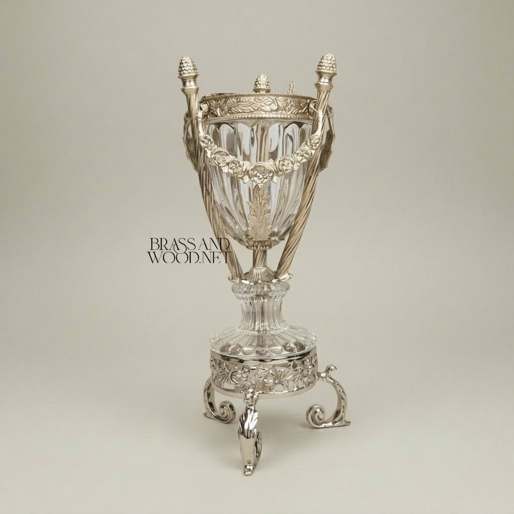 Classical Crystal & Brass Incense Burner - Fluted Urn with Ornate Stand — Silver