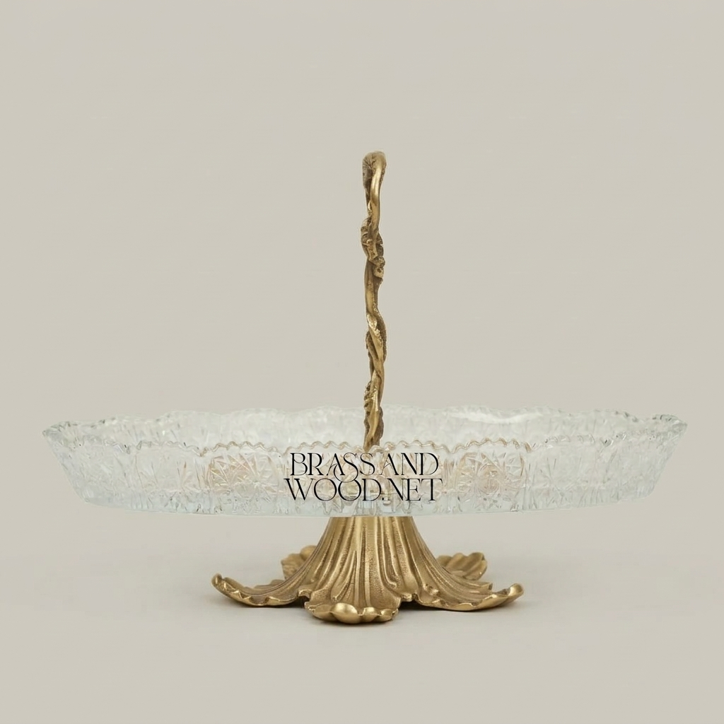Rococo Brass & Crystal Glass Decorative Tray Stand with Vine-Entwined Handle - Antique