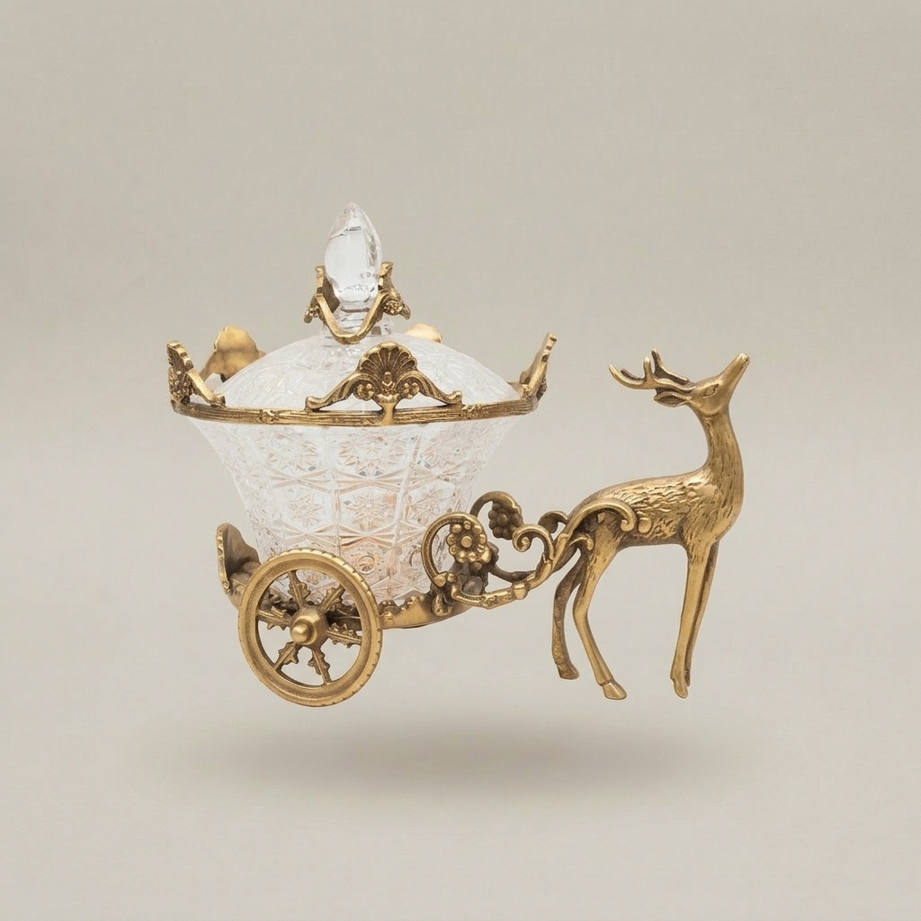 Baroque Crystal Carriage Candy Dish with Stag Figurine — Ornate Lidded Decorative Bowl - Antique