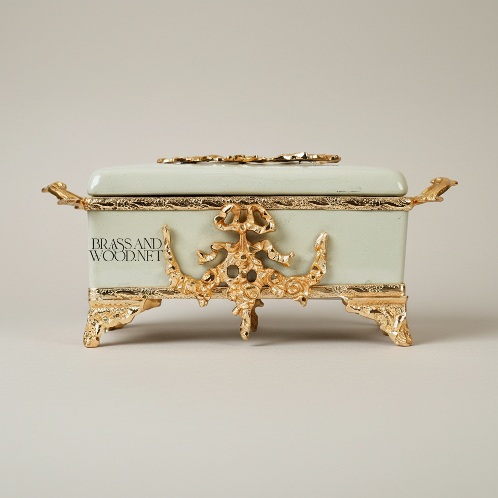 Rococo Celadon Ceramic Tissue Box with Ornate Metal Frame & Scroll Feet — Gold