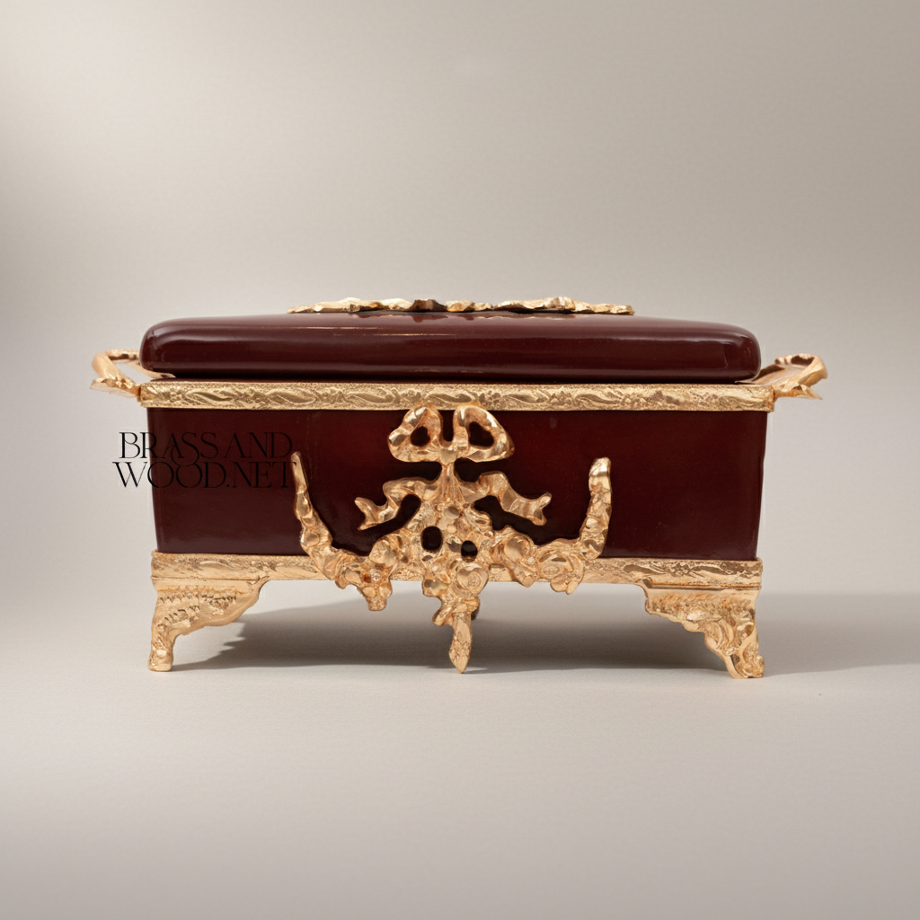 Rococo Brass & Ceramic Tissue Box - Wine Glaze with Ornate Scrollwork Frame — Gold