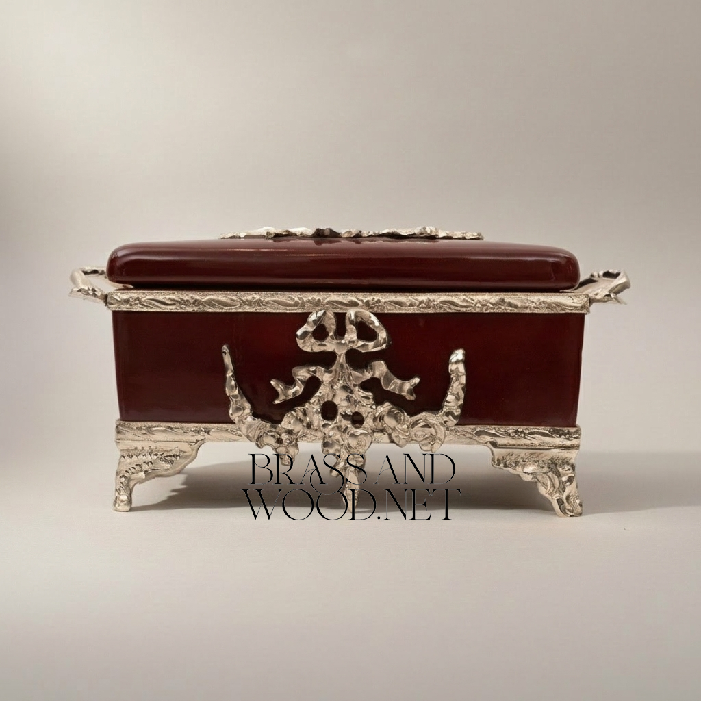 Rococo Brass & Ceramic Tissue Box - Wine Glaze with Ornate Scrollwork Frame — Silver