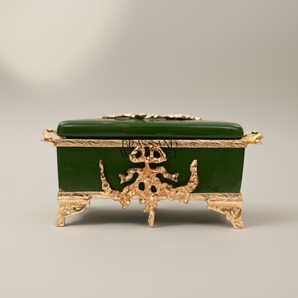 Rococo Brass & Ceramic Tissue Box Holder with Acanthus Scrollwork Frame — Gold