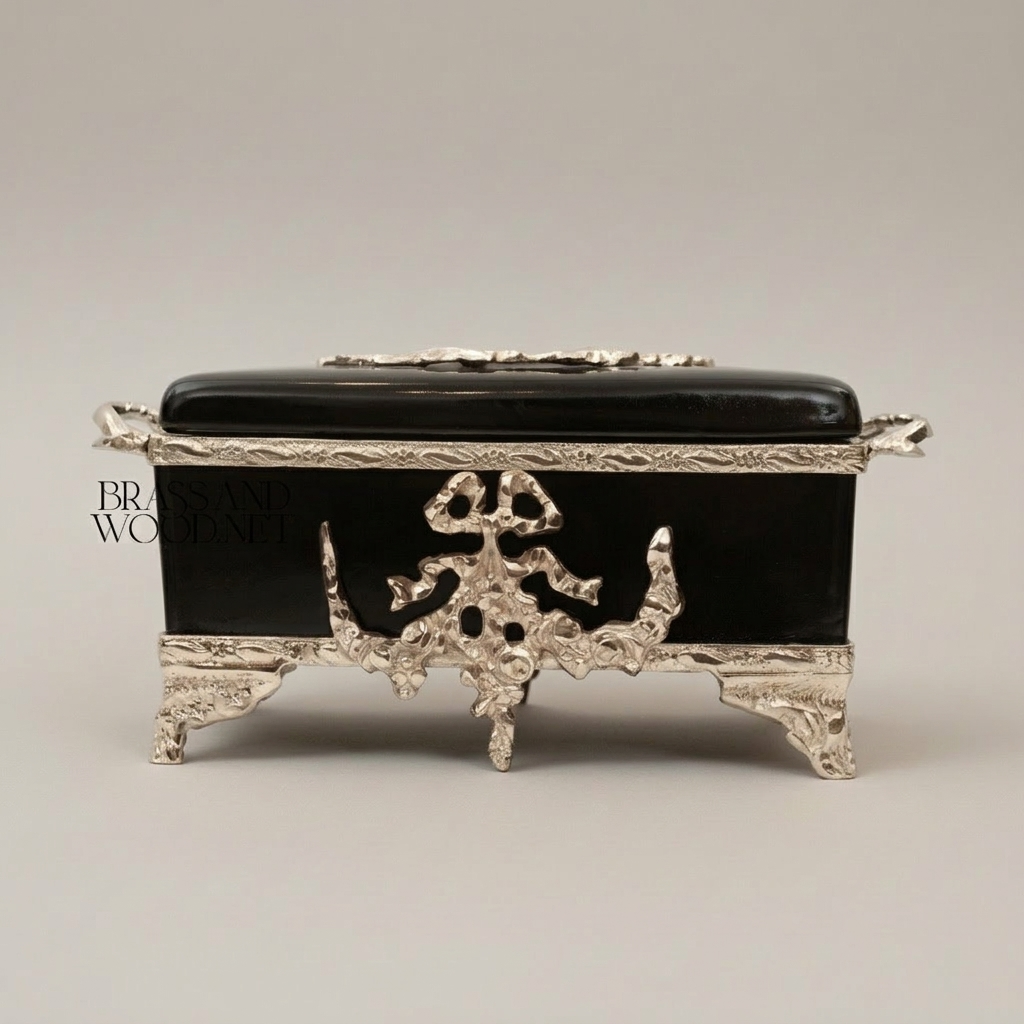 Neoclassical Black Ceramic & Brass Tissue Box with Floral Swag Mounts