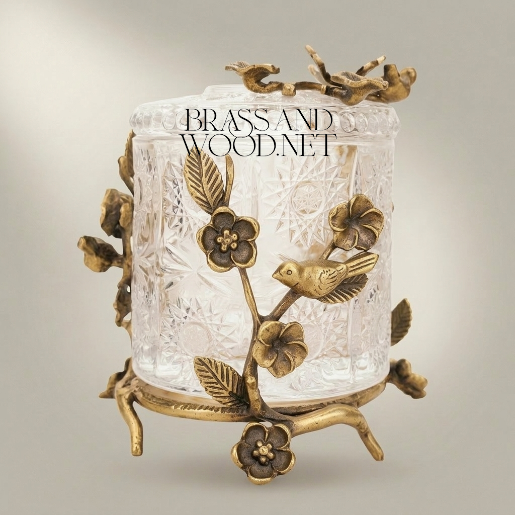 Rococo Cut-Crystal Tissue Box with Brass Floral Branch & Bird Sculpture — Antique Gold