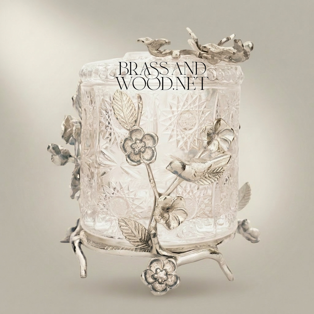 Rococo Cut-Crystal Tissue Box with Brass Floral Branch & Bird Sculpture — Silver