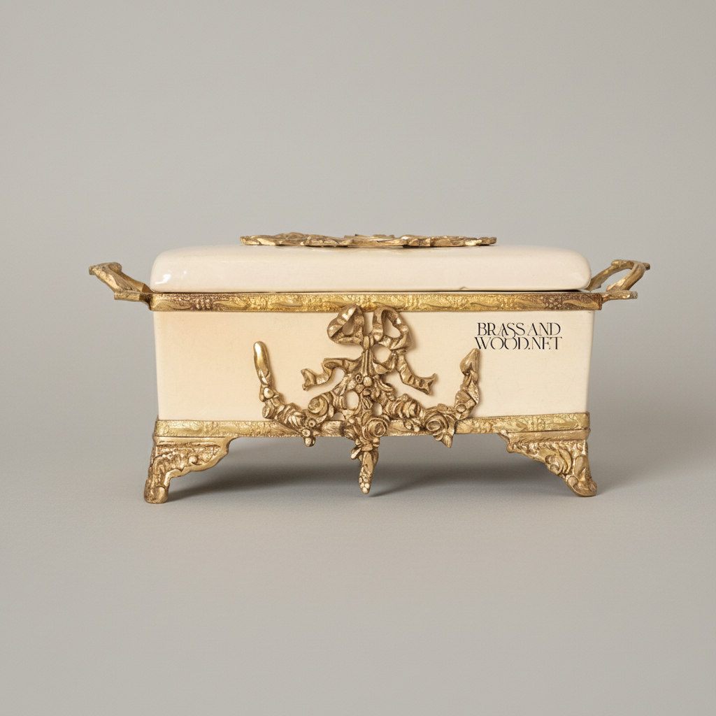 Rococo Brass & Wood Tissue Box Holder with Floral Cartouche Mounts — Antique Gold