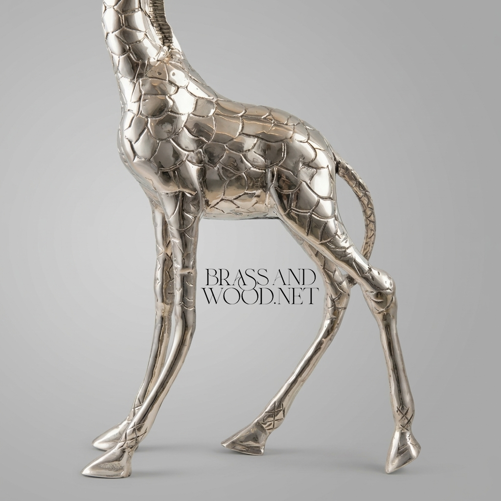 Polished Metal Giraffe Sculpture - Full-Body Walking Pose — Silver